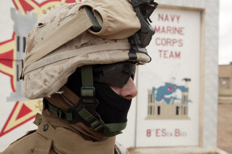 CAMP TAQADDUM, Iraq (Jan. 13, 2006) Lance Cpl. Christopher A. Wilkerson displays all the required head personal protective equipment here.Personal protective equipment serves as a barrier between military personnel and many hazards that can be found in Iraq.