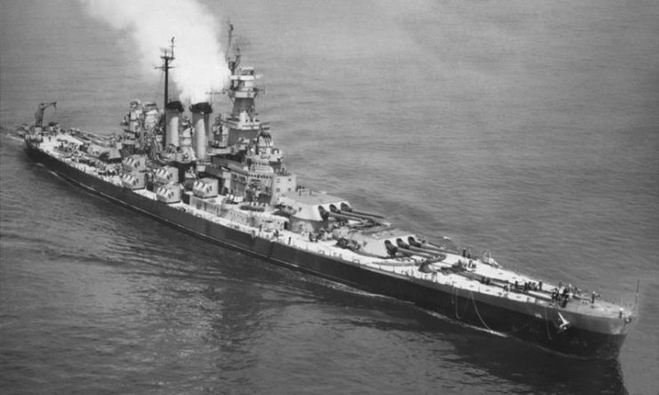 North Carolina underway on 3 June 1946. By this time, many of the light anti-aircraft weapons (Bofors 40 mm and Oerlikon 20 mm) mounted during the war had been removed, while more modern radars had been mounted on its forefunnel and mainmast.
