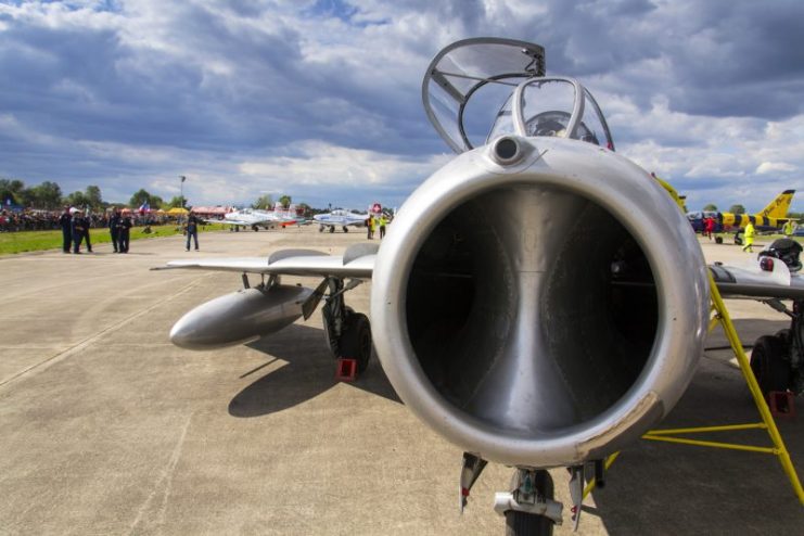 Jet fighter aircraft Mikoyan-Gurevich MiG-15 standing on a runway