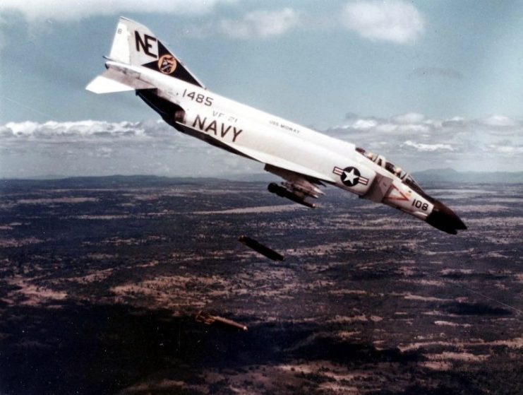 F-4B Phantom of VF-21 dropping bombs over Vietnam 1965