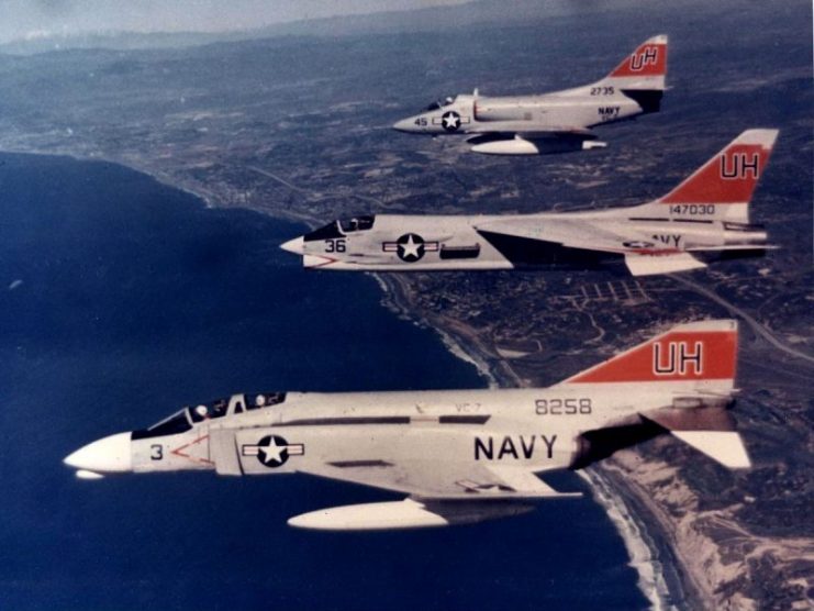 F-4A F-8C and A-4B of VC-7 in flight c. 1968