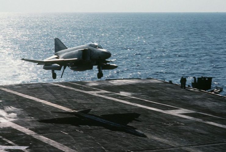 F-4S of VF-161 landing on USS Midway (CV-41) in 1981