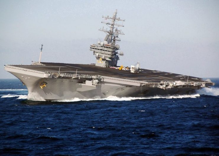 USS Ronald Reagan conducts rudder checks in October 2007, as part of the ship’s periodic inspection.