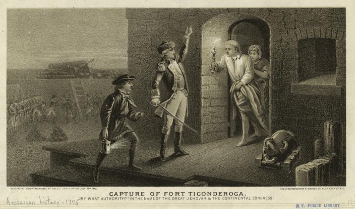 1875 engraving depicting the capture of Fort Ticonderoga by Ethan Allen on May 10, 1775