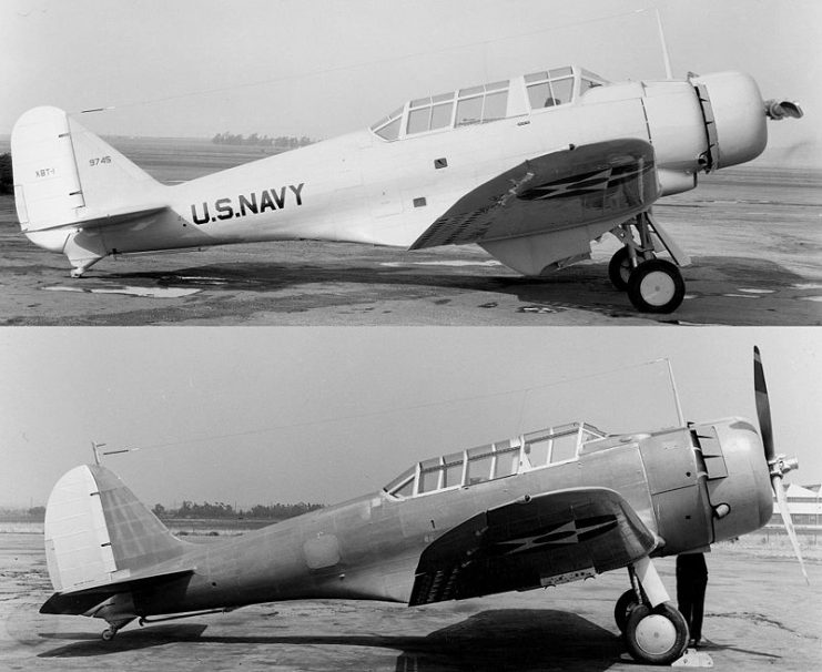 A comparison of the Northrop XBT-1 and XBT-2. The upper photo shows the XBT-1 (BuNo 9745) on 4 December 1936, the lower the XBT-2 (BuNo 0627) prototype on 23 July 1938. This was to be the prototype of the later Douglas SBD Dauntless, although canopy and tail would differ from the XBT-2.