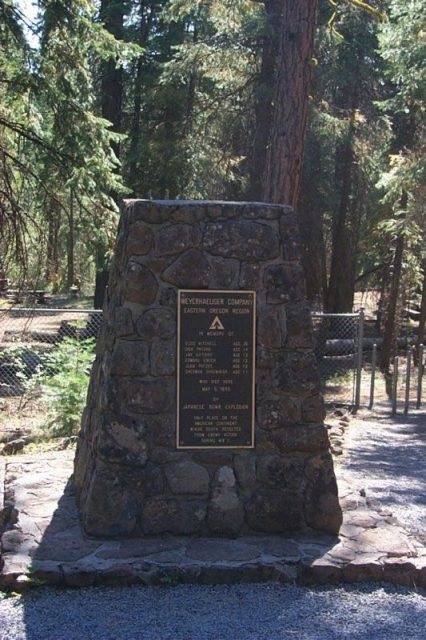 The Mitchell Monument in the Fremont-Winema National Forests near Bly, Oregon, United States. The Mitchell Recreation Area is listed on the US National Register of Historic Places (NRHP) as the only location in the continental US where Americans died due to enemy action during World War II.