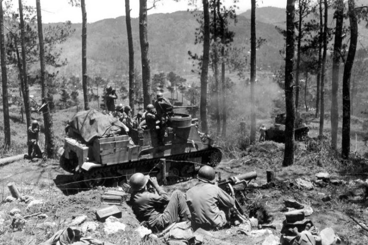 37th Infantry Division M7 Priest, M1917 and M4 fighting near Baguio Luzon 1945