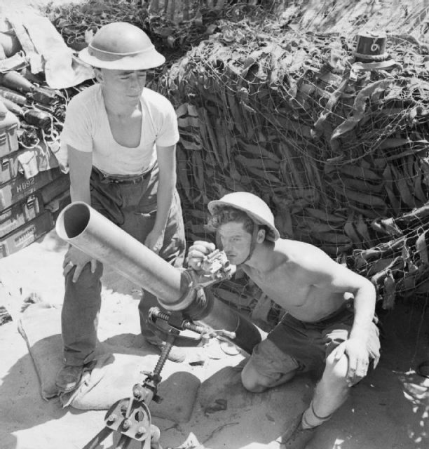 4.2-inch mortar of 1st Infantry Brigade’s support group, firing in support of the 5th Northamptonshire Regiment in the Anzio bridgehead.