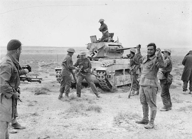 A captured Matilda put into use by the German forces, is recaptured and its crew taken prisoner by New Zealand troops, 3 December 1941 during the battle to open the corridor to Tobruk, Operation Crusader.