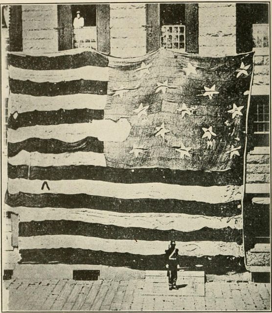 Flag that flew over Fort McHenry during its bombardment in 1814, which was witnessed by Francis Scott Key. The family of Major Armistead, the commander of the fort, kept the flag until they donated it to the Smithsonian in 1912.