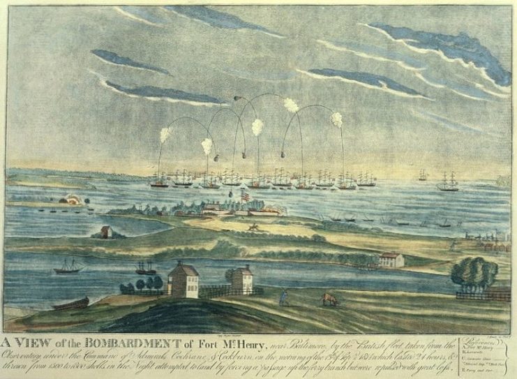 The caption reads “A VIEW of the BOMBARDMENT of Fort McHenry, near Baltimore, by the British fleet taken from the Observatory under the Command of Admirals Cochrane & Cockburn on the morning of the 13th of Sept 1814 which lasted 24 hours & thrown from 1500 to 1800 shells in the Night attempted to land by forcing a passage up the ferry branch but were repulsed with great loss.”