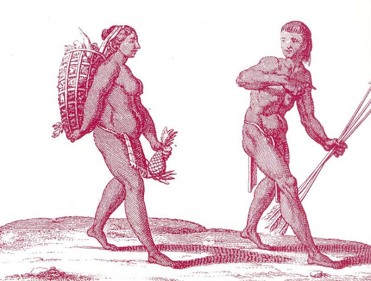 A male hunter with a woman gatherer.