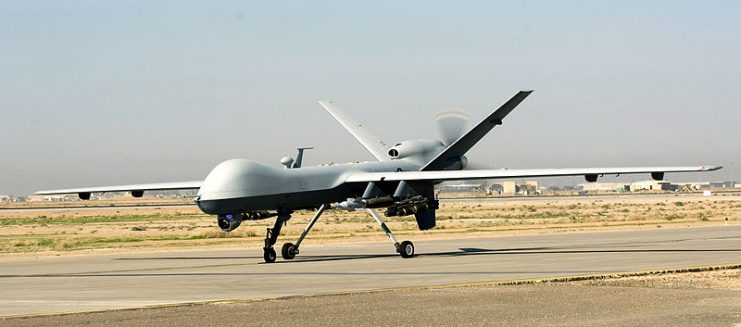 An MQ-9 Reaper unmanned aircraft taxies after landing at Joint Base Balad, Iraq