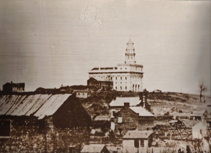 Daguerreotype of the city as it appeared at the time of the Mormon exodus.The Nauvoo Temple, the second temple constructed by the Church of Jesus Christ of Latter Day Saints.