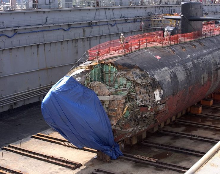 USS San Francisco in dry dock at Guam, January 2005. Note the extensive damage.