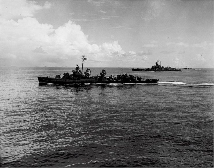 USS Ringgold (DD-500) and a South Dakota-class battleship, in 1945, as seen from the deck of USS Lexington (CV-16).