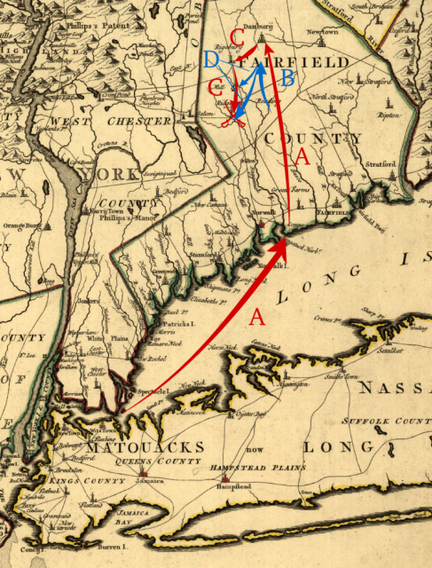 A 1780 map modified to depict British and American movements leading up to the 1777 Battle of Ridgefield, Connecticut.Photo Magicpiano CC BY-SA 4.0