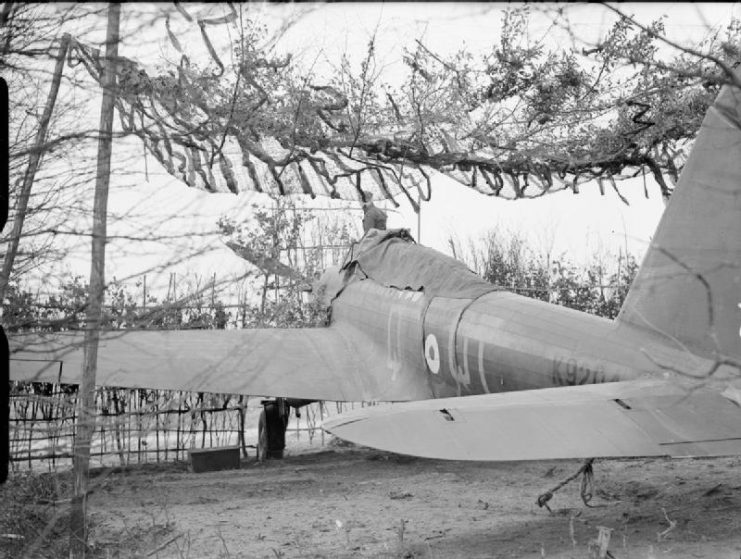 A Battle, K9204, of No. 142 Squadron, in a camouflaged ‘hide’ at Berry-au-Bac, France