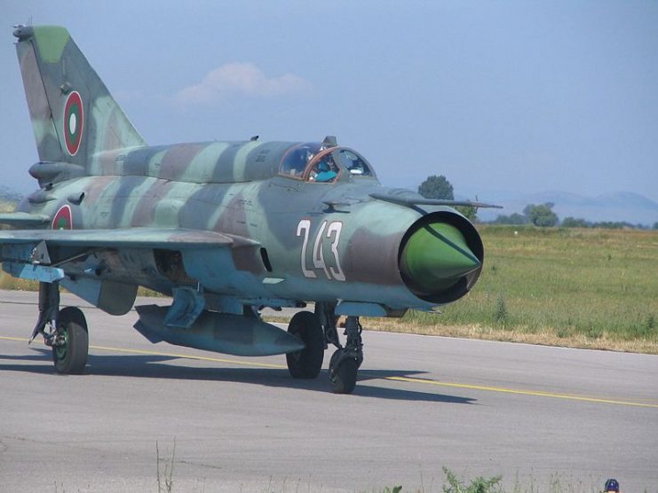 A Bulgarian MiG-21 taxis at Graf Ignatievo Air Base, Bulgaria during a bilateral exercise between the U.S. and Bulgarian Air Force.