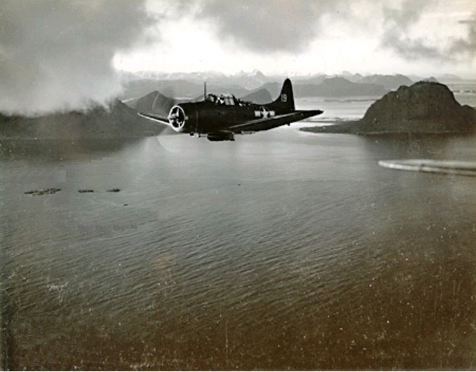 A Douglas SBD-5 Dauntless of U.S. Navy bombing squadron VB-4 during Operation Leader , on 4 October 1943, flying from the aircraft carrier USS Ranger (CV-4).Bodø, Norway
