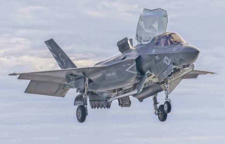 A F-35B prepares for a vertical landing on USS America.