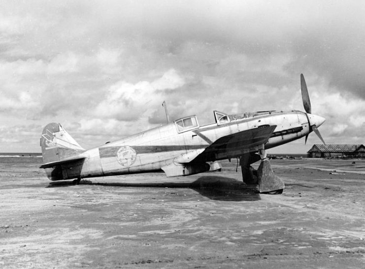 A Japanese Kawasaki Ki-61 Hien (Allied code name “Tony”) of 149th Shimbu Unit at Ashiya airfield in Fukuoka, Japan.