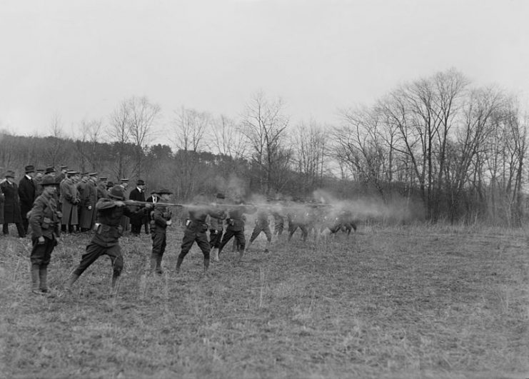 A live fire demonstration of the BAR in front of military and government officials in Interwar Period.