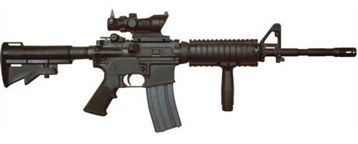 A M4A1 with SOPMOD package, including Rail Interface System and Trijicon 4x ACOG. The barrel length is 14.5 inches.