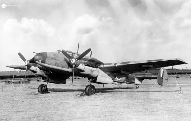 A Messerschmitt Bf 110 C-4 (c n 2177), probably at RAF Duxford in 1941.