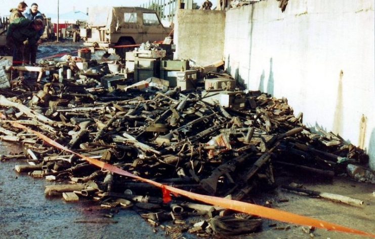 A pile of discarded Argentine weapons in Port Stanley
