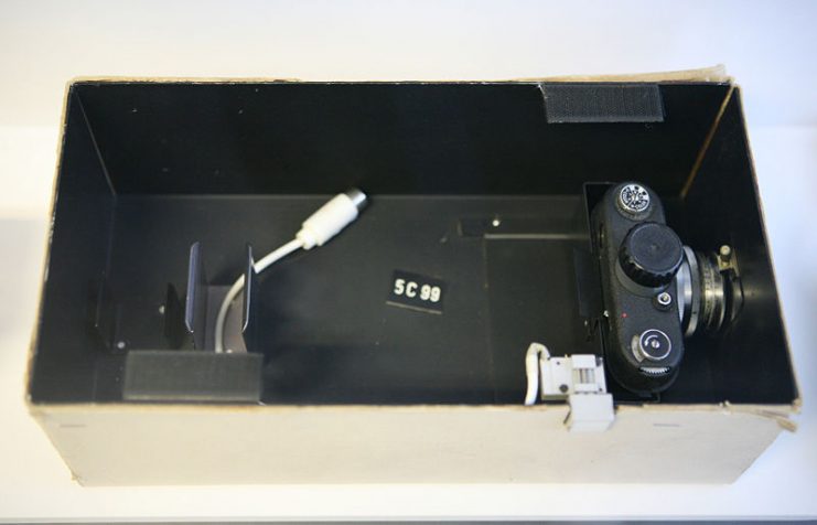 A Stasi spy camera in a box on display at the Stasi museum in Berlin. By Roi Boshi CC BY-SA 3.0