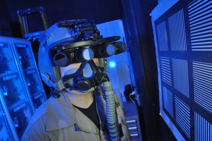 A U.S. airman tests panoramic night vision goggles in March 2006.
