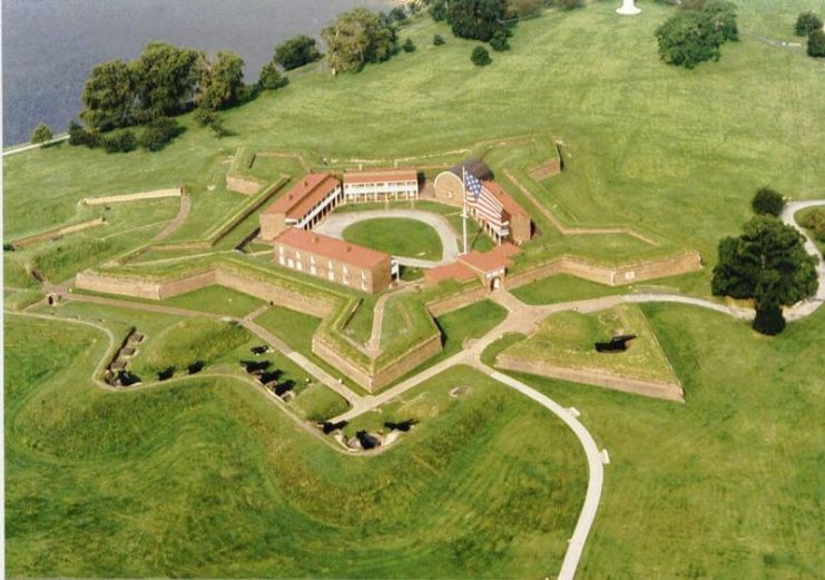 Aerial View of Fort McHenry with 15 Starred United States Flag.