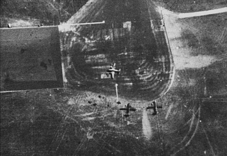 Allied aerial reconnaissance photo showing three Messerschmitt Me 262 jet fighters at the Rechlin-Lärz Airfield, circa in October 1944.