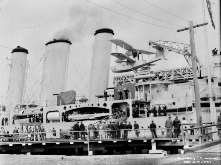 Australia (ship). H.M.A.S. Australia in Brisbane, 17 July 1937. A Supermarine Walrus is sitting on the ship’s aircraft catapult