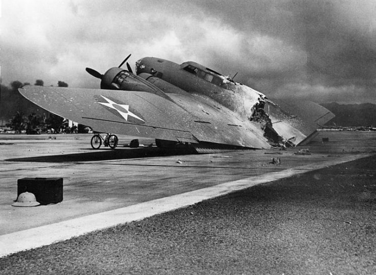 B-17C AAF S/N 40-2074 at Hickam Field: An onboard fire burnt the aircraft in two shortly after landing on 7 December 1941. One crewman was killed by Zero attack.