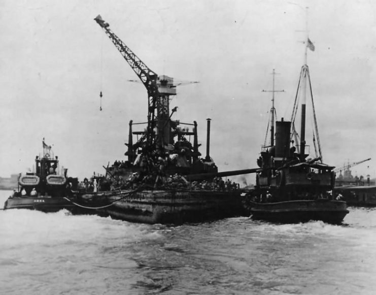 Battleship USS California BB-44 Towed to Dock at Pearl Harbor 1942