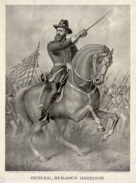 Drawing of Benjamin Harrison on horseback