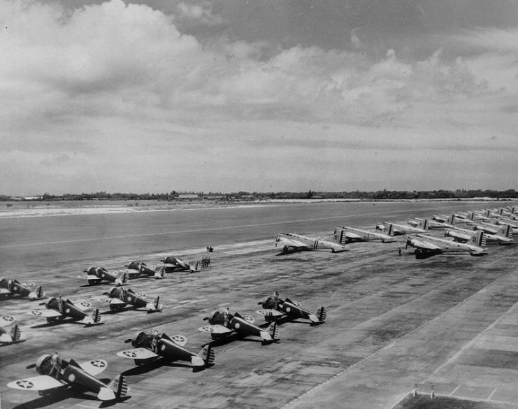 Boeing P-26s and Douglas B-18s were parked on the ramp at Hickam Field, Hawaii, in January, 1940.