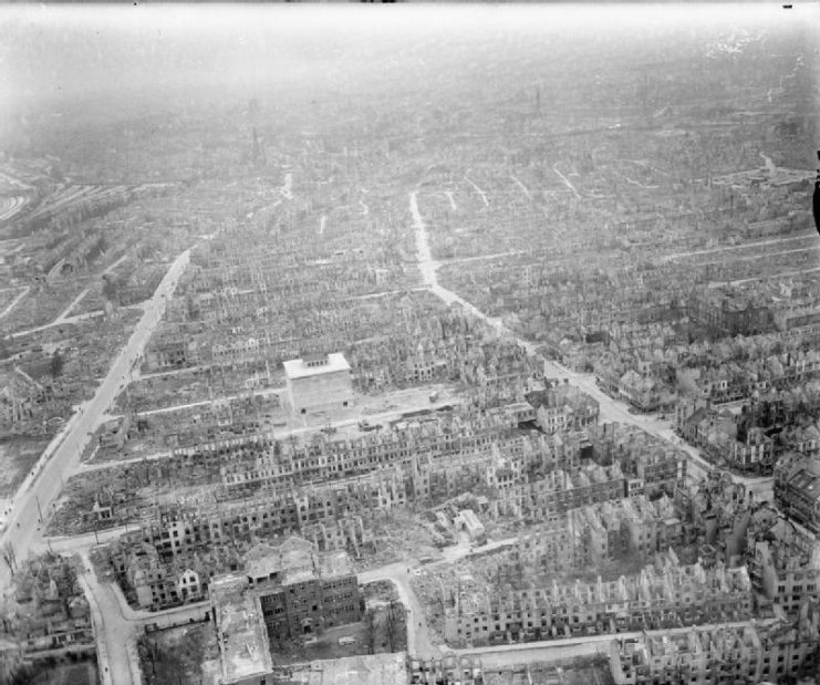 Oblique aerial view of part of the devastated Walle district of Bremen.