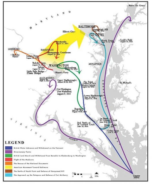 British and American movements during the Chesapeake Campaign 1814