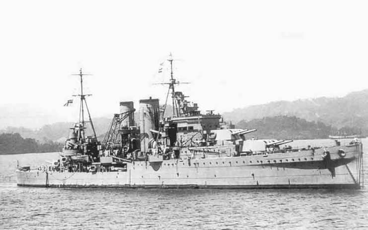 British heavy cruiser HMS Exeter off coast