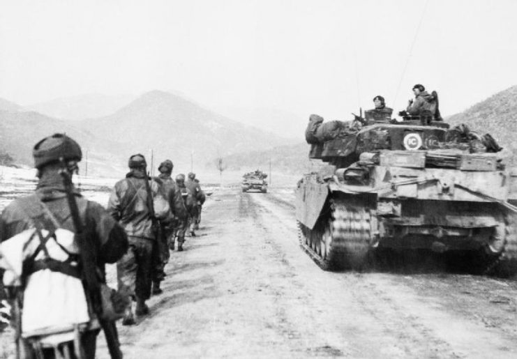 British Tanks and infantry of the 29th Brigade advancing to attack Hill 327, March 1951