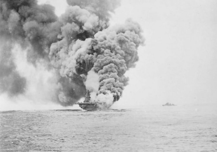 Burning aircraft carrier USS Bunker Hill CV-17 Okinawa 1945