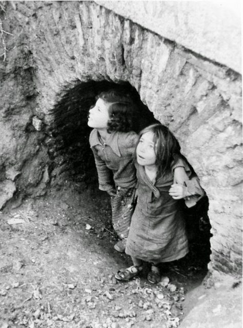 Children take refuge during the Francoist bombing over Madrid (1936–1937). In spite of that Republicans managed to repulse this siege.