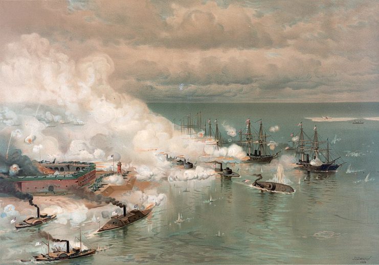 Closing of Mobile Bay, Alabama. The Union blockade ended trade with the Confederate states.