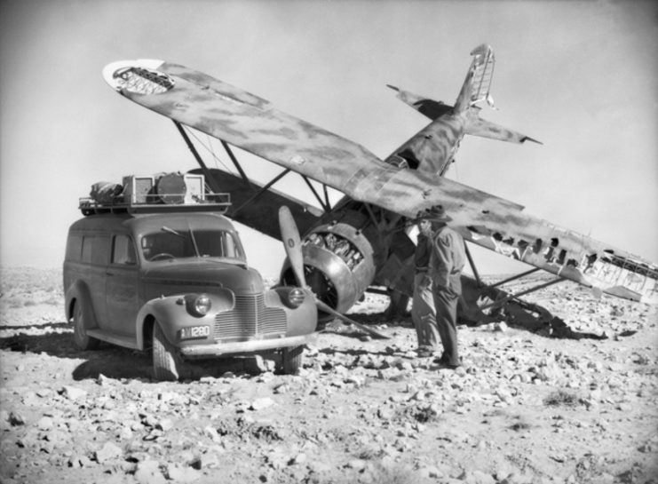 A crashed Fiat CR.42, North Africa circa 1940/41. Pattle claimed 14 of these aircraft—more than any other type.