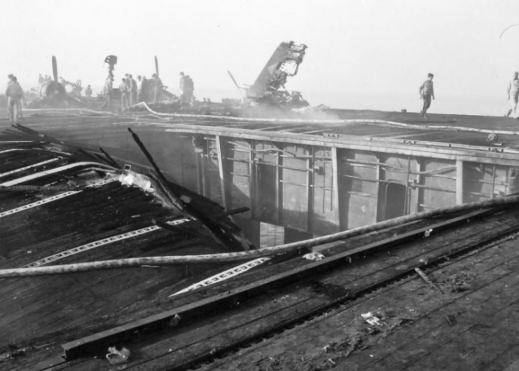 Damaged flight deck of USS Bunker Hill.