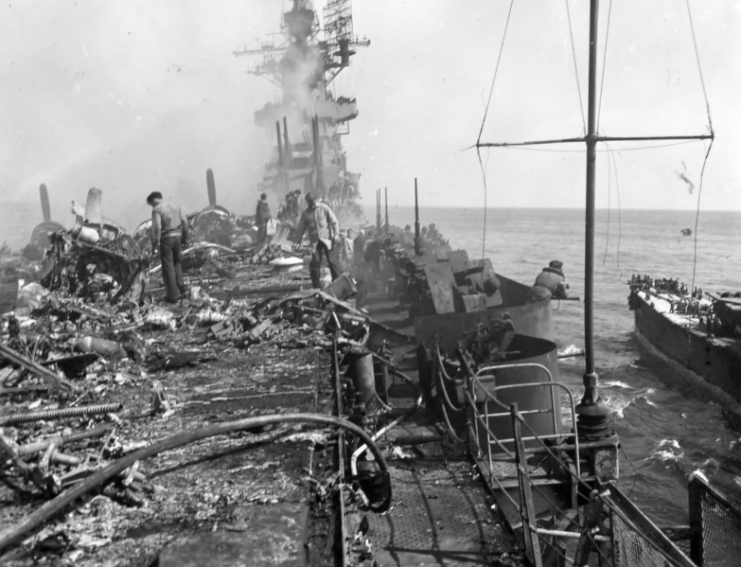 Damaged flight deck of USS Bunker Hill – 11 May 1945
