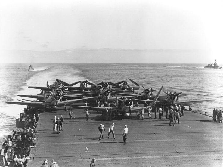 Battle of Midway, Devastators of VT-6 aboard USS Enterprise being prepared for take off during the battle.